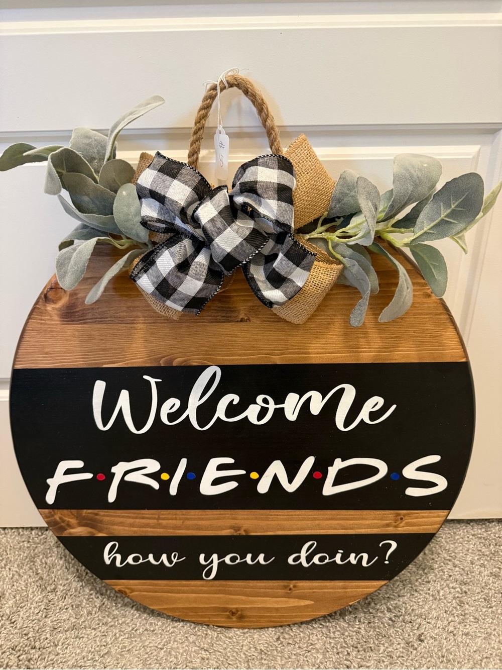 Welcome FRIENDS Round Wooden Door Hanger with Bow
